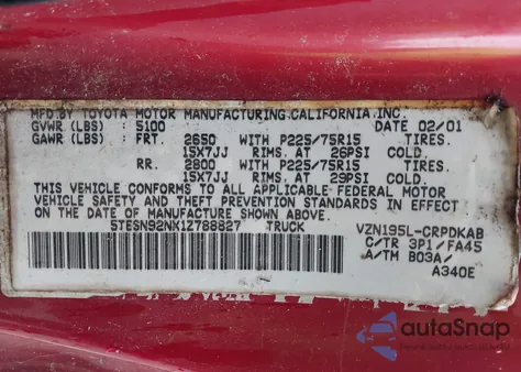 2001 Toyota Tacoma Prerunner V6 из США, поврежденный, VIN 5TESN92NX1Z788827